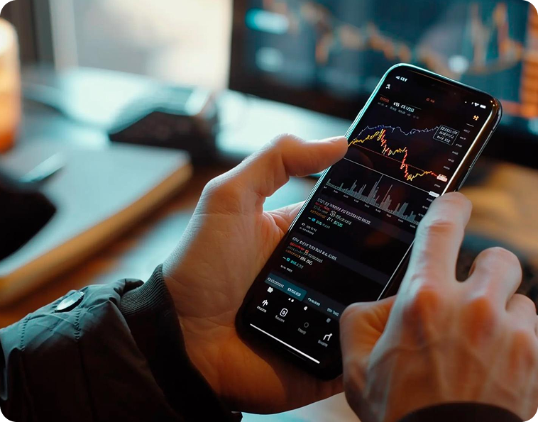 Persona consultando gr?ficos de trading en un tel?fono