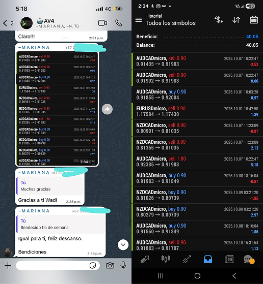 Captura de conversaci?n de Telegram junto a una plataforma de trading